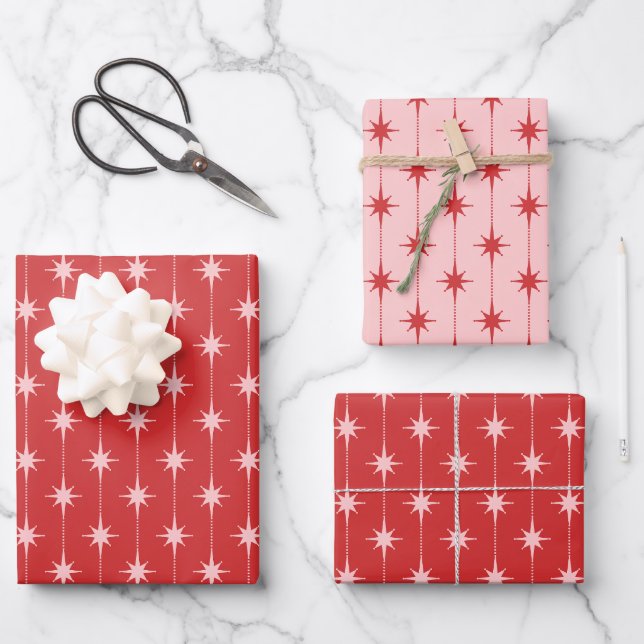 Mid Century Modern Sterne und Punkte Atom-Muster Geschenkpapier Set (Vorderseite)