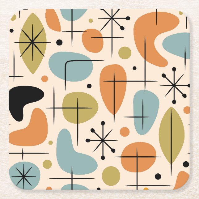 Mid Century Modern Sternenexplosion Muster Rechteckiger Pappuntersetzer (Vorderseite)