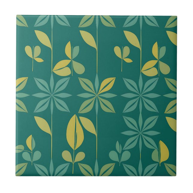 Mid-Century Modern Teal Botanical Geometric Leaf Fliese (Vorderseite)