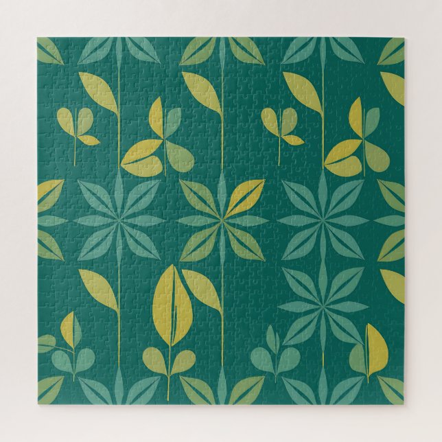 Mid-Century Modern Teal Botanical Geometric Leaf Puzzle (Vertikal)