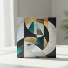 Mid-Century Modern Teal Gold Geometric Abstract