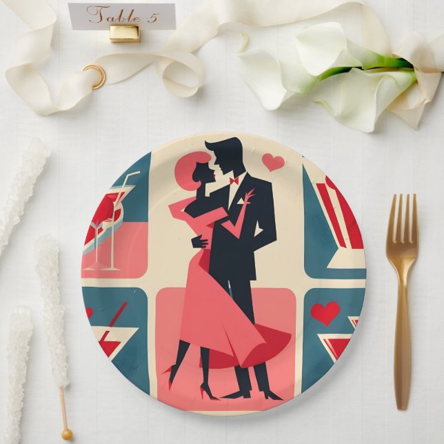 Mid Century Modern Valentinstag Tanzendes Paar Pappteller (Hochzeit)