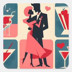 Mid Century Modern Valentinstag Tanzendes Paar Quadratischer Aufkleber