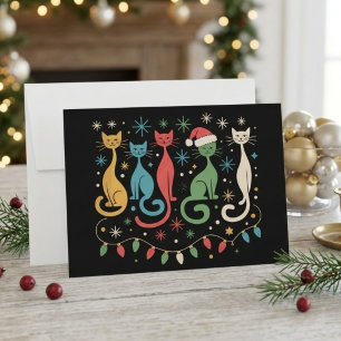 Mid Century Modern Weihnachtskatzen mit Lichtern Feiertagskarte
