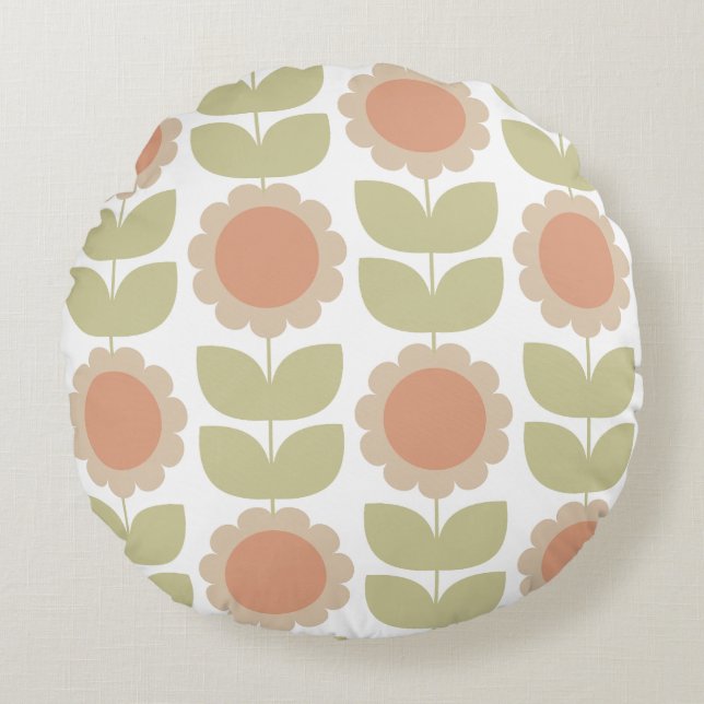  Mid-Century Pastel Pink Retro Floral Pattern Rundes Kissen (Vorderseite)