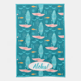 Mid Century Pink Catamaran - Blue Background Geschirrtuch