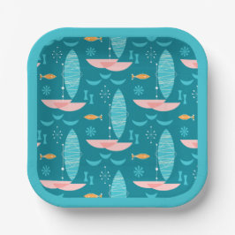 Mid Century Pink Catamaran - Blue Background Pappteller