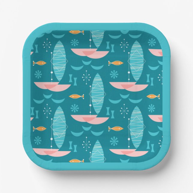 Mid Century Pink Catamaran - Blue Background Pappteller (Vorderseite)