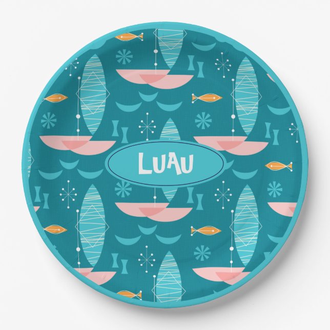 Mid Century Pink Catamaran - Blue Background Pappteller (Vorderseite)