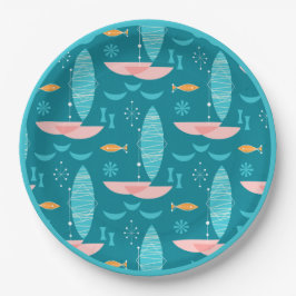 Mid Century Pink Catamaran - Blue Background Pappteller