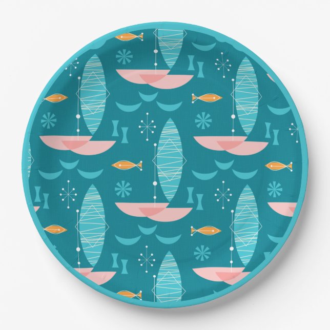 Mid Century Pink Catamaran - Blue Background Pappteller (Vorderseite)