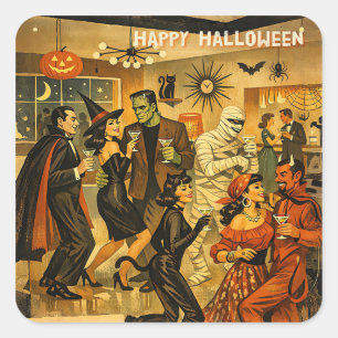 Mid Century Retro 50er Halloween Martini-Party Quadratischer Aufkleber