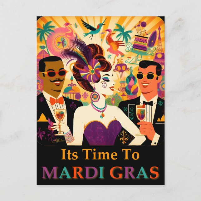 Mid Century Retro 60er Mardi Gras Cocktail Party Postkarte (Vorderseite)