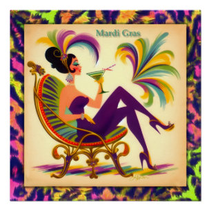 Mid Century Retro 60er Mardi Gras Martini Frau Poster