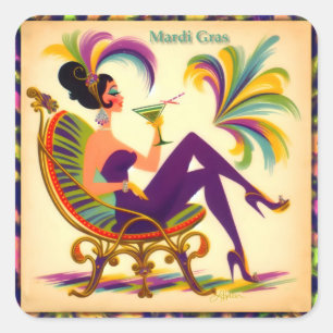 Mid Century Retro 60er Mardi Gras Martini Frau Quadratischer Aufkleber