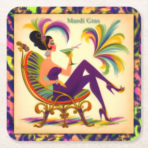 Mid Century Retro 60er Mardi Gras Martini Frau Rechteckiger Pappuntersetzer