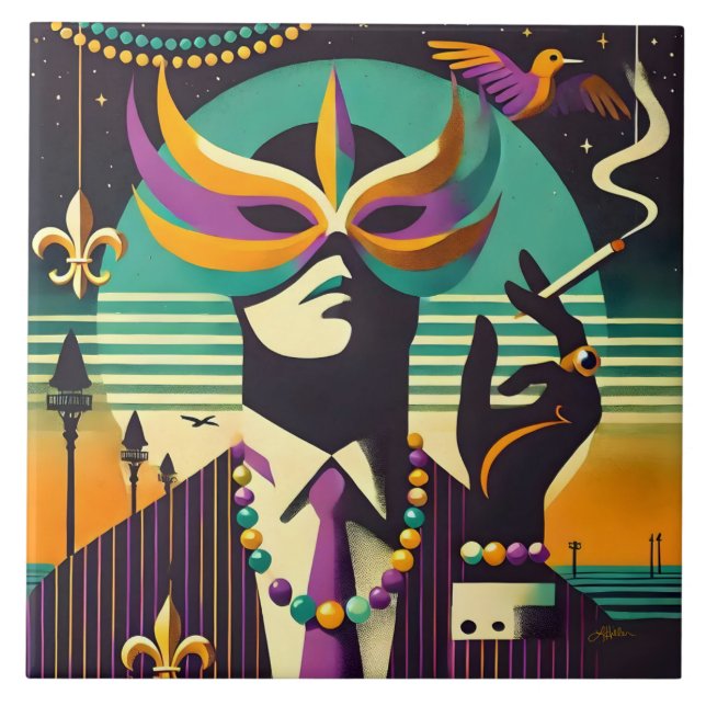 Mid Century Retro 60s Mardi Gras The Smoking Man Fliese (Vorderseite)