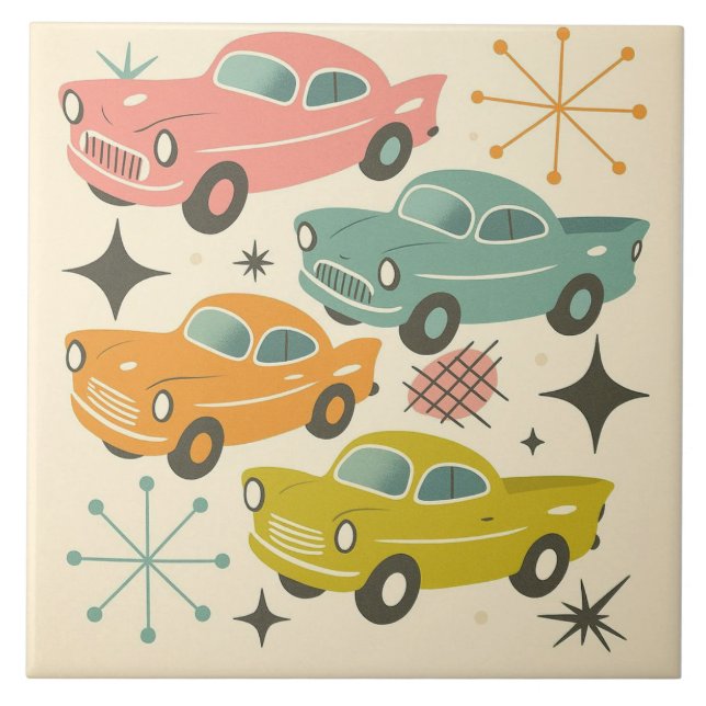 Mid-Century Retro-Autos Atomic Starburst  Fliese (Vorderseite)