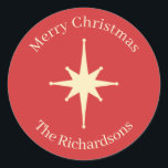 Mid Century Retro Christmas Star Personalisiert Runder Aufkleber<br><div class="desc">Moderne Retro 50er Sternexplosion aus der Mitte des Jahrhunderts mit frohen Weihnachten und Namenstext. Ein nostalgischer Knoten in Richtung Atomzeitalter (auch bekannt als Weltraumzeitalter oder Atomzeitalter) der 1950er und des 60ers. In Vintagen Mitte des Jahrhunderts Weihnachten rot und creme. Sauber, einfach, minimalistisch. Text kann personalisiert und angepasst werden. Von Kierkegaard...</div>