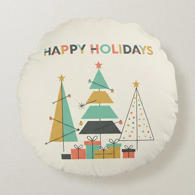 Mid-Century Retro Christmas Trees Rundes Kissen (Vorderseite)