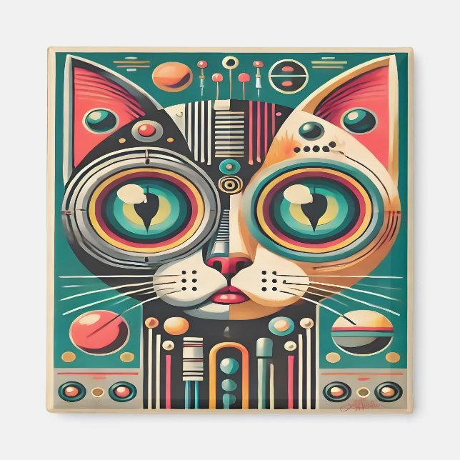 Mid Century Retro Futuristische Schaltkatze Magnet (Vorne)