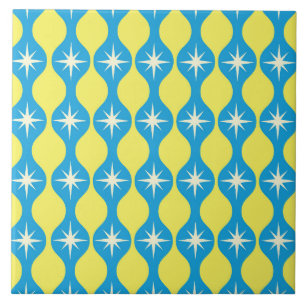 Mid Century Retro Starbursts auf blauem gelben Oge Fliese