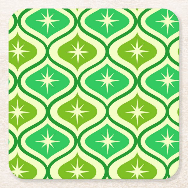 Mid Century Retro Starbursts On Green Ogee Pattern Rechteckiger Pappuntersetzer (Vorderseite)