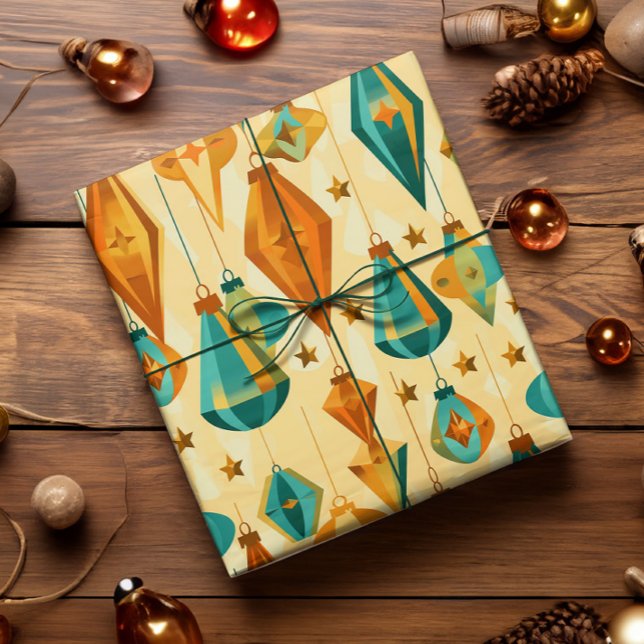 Mid Century Retro Weihnachten Atome Star Ornament Geschenkpapier (Midcentury modern glass ornament and atomic star wrapping paper in copper and teal.)