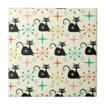 Mid Century Schwarze Atomkatze mit Sternenexplosio