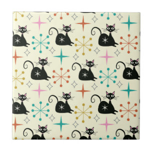 Mid Century Schwarze Atomkatze mit Sternenexplosio Fliese