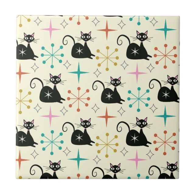 Mid Century Schwarze Atomkatze mit Sternenexplosio Fliese (Vorderseite)
