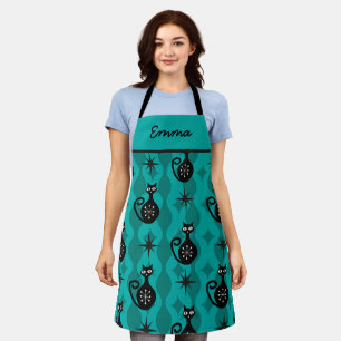 Mid Century Schwarze Atomkatzen auf Teal Ogee indi Schürze
