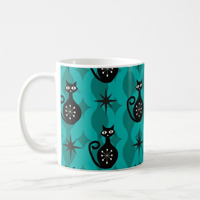 Mid Century Schwarze Atomkatzen auf Teal Ogee Kaffeetasse (Links)