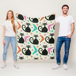 Mid-Century Schwarze Atomkatzen und Bumerangs Fleecedecke