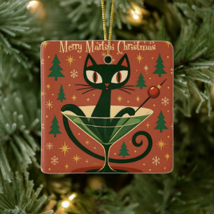 Mid Century Schwarze Katze Merry Martini Weihnacht Keramikornament