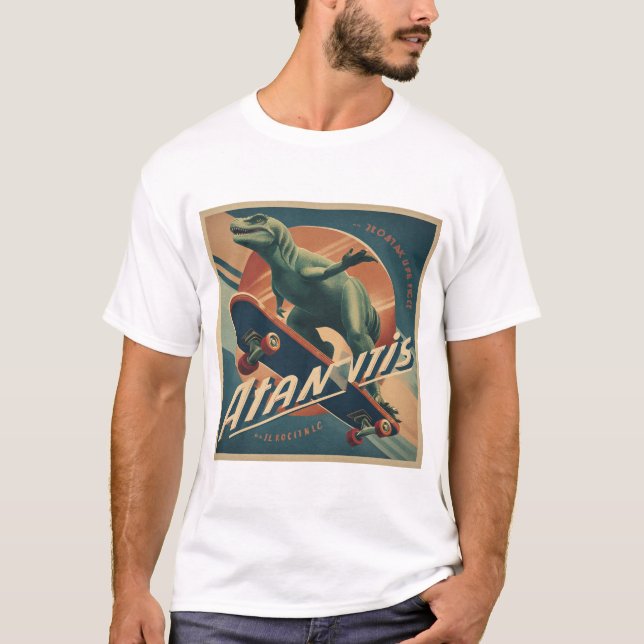 Mid-Century Skater Dinosaur – Retro Poster T-Shirt (Vorderseite)