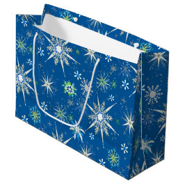 Mid-Century Snowflakes Galore On Blue Große Geschenktüte