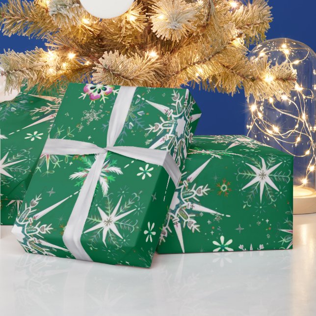 Mid-Century Snowflakes Galore On Green Geschenkpapier (Feiertage)