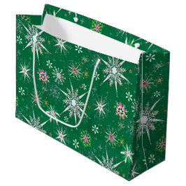 Mid-Century Snowflakes Galore On Green Große Geschenktüte