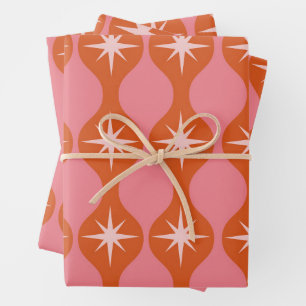 Mid Century Starbursts auf orange-pinkem Ogee-Must Geschenkpapier Set