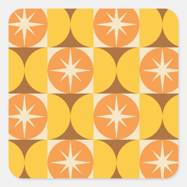 Mid Century Starbursts on Orange Yellow Circles  Quadratischer Aufkleber (Vorderseite)