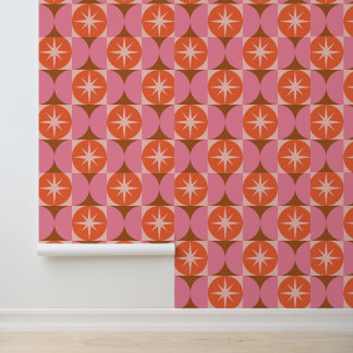 Mid Century Starbursts on Pink Orange Circles Tapete
