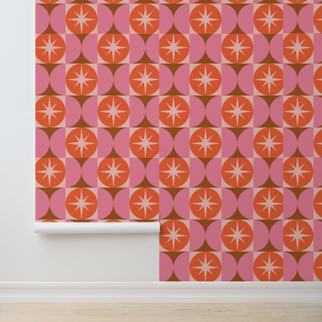 Mid Century Starbursts on Pink Orange Circles Tapete (Anwendung)