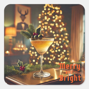 Mid Century Weihnachten Merry & Bright Cocktail Quadratischer Aufkleber