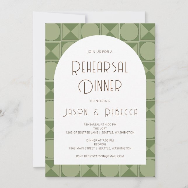 Mid Modern Geometric Sage Green Probe Dinner Einladung (Vorderseite)