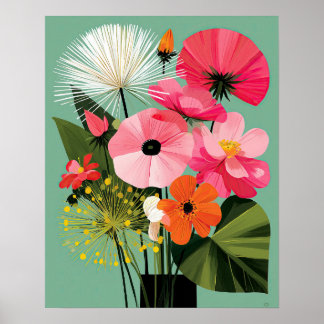 Midcentury-Modern-Blumenkunst mit rosa Mohn an der Poster