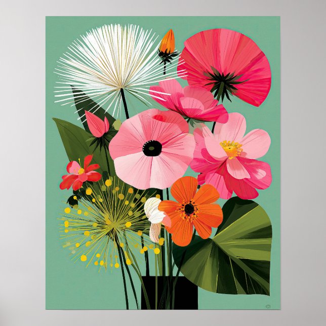 Midcentury-Modern-Blumenkunst mit rosa Mohn an der Poster (Vorne)