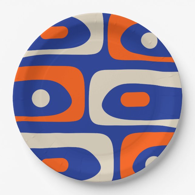 Midcentury Modern Piquet Abstract Blue Orange Pappteller (Vorderseite)