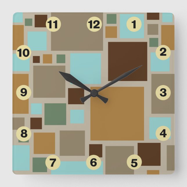 Midcentury Modern Squares Pattern Retro Quadratische Wanduhr (Vorderseite)