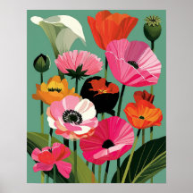 Midcentury Moderner Mohnblumen-Wandkunst